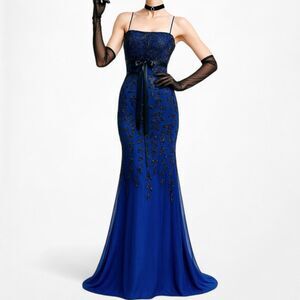 Vintage Navy Blue Floral Beaded Knit Babydoll Maxi Bodycon Prom Dress Size S